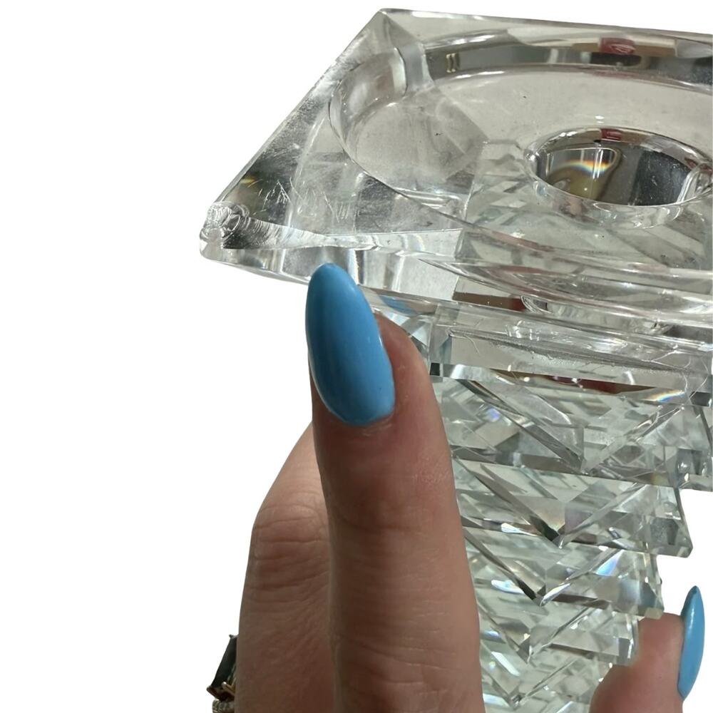 Clear Crystal Glass Stacked Faceted Tall Candle Holders Pair 8 Inch Votive Heavy - Picture 7 of 7